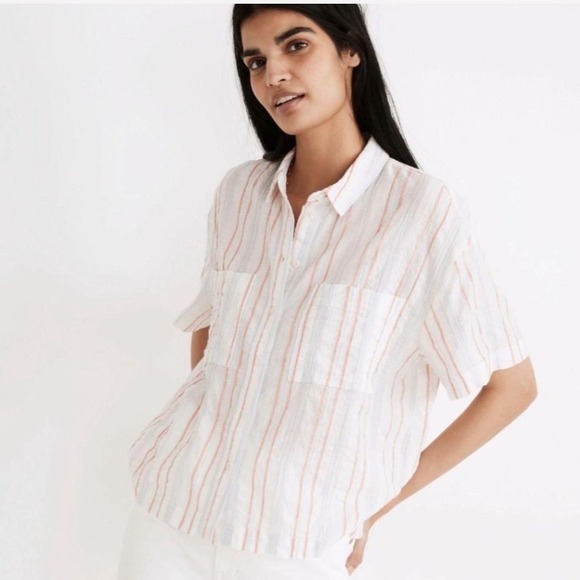 Madewell Tops - Madewell Striped Pastel Short Sleeve Button Down Cotton Shirt Size XS Red‎ Blue